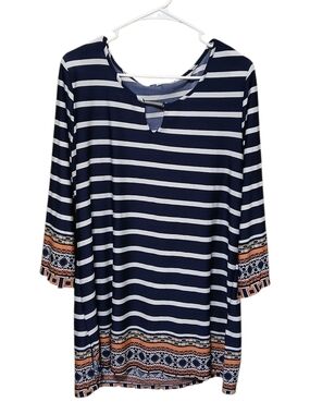 Notations Navy and White Striped Tunic with Coral Accent Border